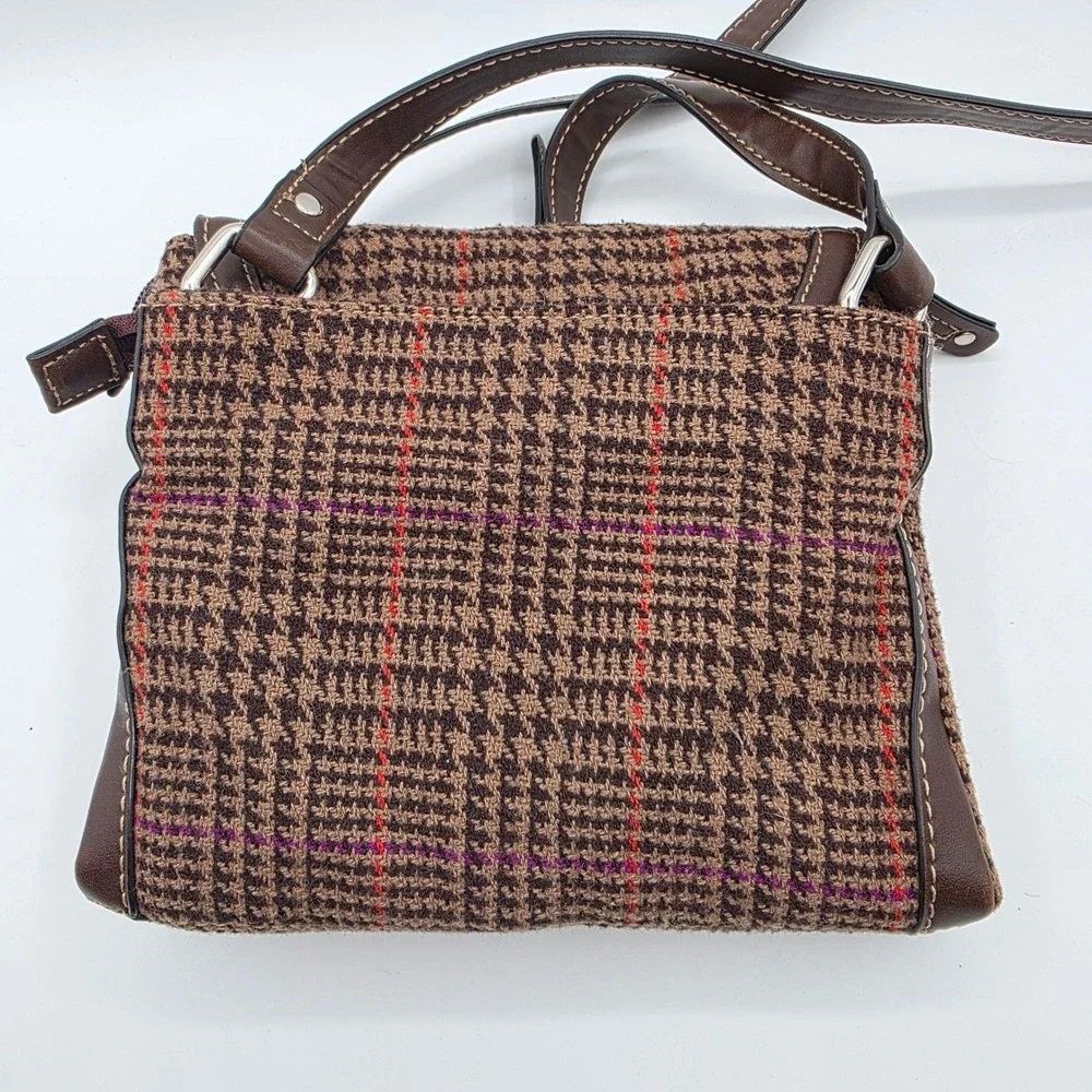 Chaps‎ Vintage Brown Houndstooth Plaid Wool Crossbody Bag Mid 2000s Messenger